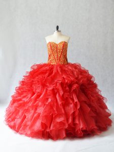 Hot Sale Organza Sweetheart Sleeveless Lace Up Beading and Ruffles Quinceanera Dresses in Red