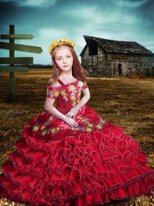 Red Lace Up Pageant Dress Womens Embroidery and Ruffled Layers Short Sleeves Floor Length