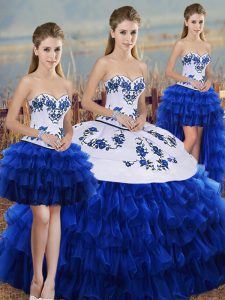 Royal Blue Quince Ball Gowns Military Ball and Sweet 16 and Quinceanera with Embroidery and Ruffled Layers and Bowknot Sweetheart Sleeveless Lace Up