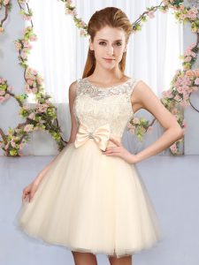 Lace and Bowknot Damas Dress Champagne Lace Up Sleeveless Mini Length