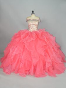 Deluxe Watermelon Red Lace Up Off The Shoulder Beading and Ruffles 15 Quinceanera Dress Organza Sleeveless