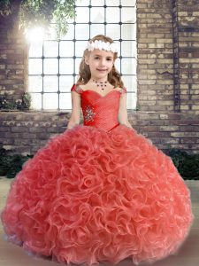 Sweet Red Ball Gowns Beading and Ruching Evening Gowns Lace Up Fabric With Rolling Flowers Sleeveless Floor Length