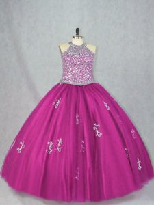 Luxurious Fuchsia Tulle Lace Up Halter Top Sleeveless Floor Length Quinceanera Gown Beading and Appliques