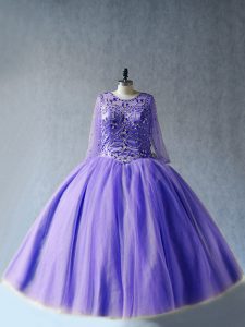 Fantastic Lavender Lace Up Quinceanera Dresses Beading Long Sleeves Floor Length