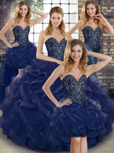 Dynamic Floor Length Ball Gowns Sleeveless Navy Blue Quinceanera Gown Lace Up