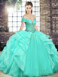 Floor Length Lace Up 15th Birthday Dress Apple Green for Military Ball and Sweet 16 and Quinceanera with Beading and Ruffles