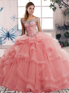 Superior Floor Length Watermelon Red Quinceanera Gown Off The Shoulder Sleeveless Lace Up