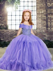 Beading Little Girls Pageant Gowns Lavender Lace Up Sleeveless Floor Length