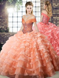 Off The Shoulder Sleeveless Organza 15 Quinceanera Dress Beading and Ruffled Layers Brush Train Lace Up