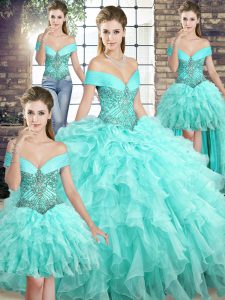 Low Price Off The Shoulder Sleeveless Quinceanera Gowns Brush Train Beading and Ruffles Aqua Blue Organza