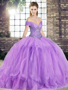 Floor Length Lavender 15 Quinceanera Dress Off The Shoulder Sleeveless Lace Up