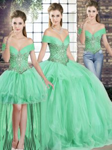 Cheap Three Pieces Vestidos de Quinceanera Apple Green Off The Shoulder Tulle Sleeveless Floor Length Lace Up