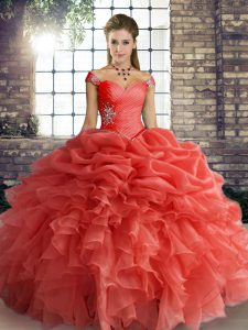 Ball Gowns 15th Birthday Dress Orange Red Off The Shoulder Organza Sleeveless Floor Length Lace Up