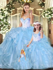 Blue Sleeveless Organza Lace Up Ball Gown Prom Dress for Sweet 16 and Quinceanera