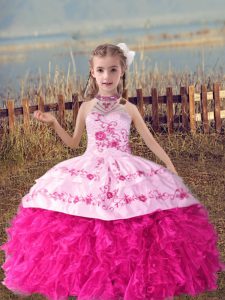 Dramatic Hot Pink Organza Lace Up Halter Top Sleeveless Floor Length Winning Pageant Gowns Beading and Embroidery and Ruffles