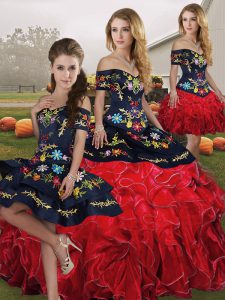 Modern Floor Length Lace Up Quince Ball Gowns Red And Black for Military Ball and Sweet 16 and Quinceanera with Embroidery and Ruffles