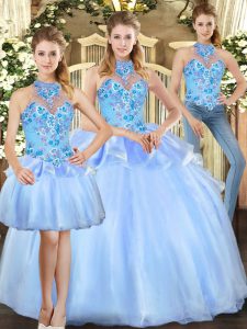 Custom Made Halter Top Sleeveless Lace Up Sweet 16 Quinceanera Dress Blue Organza