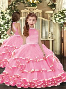 Elegant Pink Sleeveless Organza Backless Girls Pageant Dresses for Party and Sweet 16 and Wedding Party