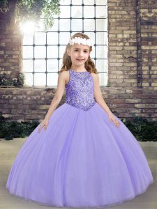 Sleeveless Floor Length Beading Lace Up Winning Pageant Gowns with Lavender
