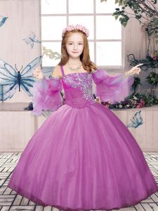 Lilac Lace Up Straps Beading Kids Pageant Dress Tulle Sleeveless