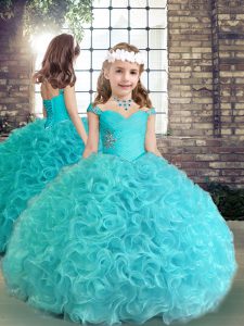 High Class Aqua Blue Lace Up Little Girls Pageant Gowns Beading and Ruching Sleeveless Floor Length