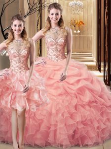 Peach Quince Ball Gowns Sweet 16 and Quinceanera with Beading and Ruffles Scoop Sleeveless Lace Up