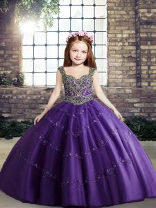 High Quality Sleeveless Tulle Floor Length Lace Up Little Girl Pageant Dress in Purple with Beading