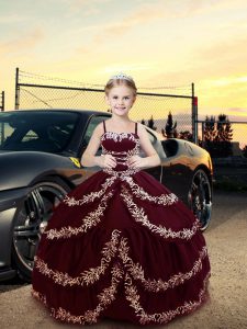 Satin Straps Sleeveless Lace Up Embroidery Pageant Dresses in Burgundy