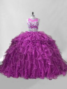 Great Fuchsia Sleeveless Organza Brush Train Zipper Quinceanera Gown for Sweet 16 and Quinceanera