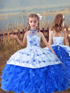 Floor Length Ball Gowns Sleeveless Blue And White Little Girls Pageant Dress Lace Up
