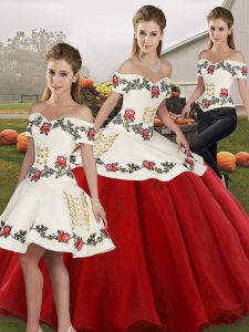 Floor Length White And Red Sweet 16 Dress Off The Shoulder Sleeveless Lace Up