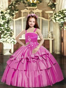 Dazzling Lilac Taffeta Lace Up Little Girl Pageant Gowns Sleeveless Floor Length Beading and Ruffled Layers