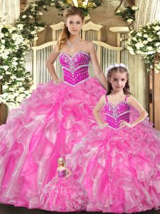 Fabulous Rose Pink Lace Up Quinceanera Dress Beading and Ruffles Sleeveless Floor Length