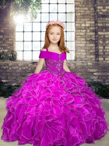 Floor Length Fuchsia Little Girls Pageant Dress Organza Sleeveless Beading and Ruffles