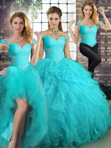 Off The Shoulder Sleeveless Tulle Quinceanera Gown Beading and Ruffles Lace Up