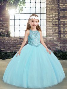 Beauteous Floor Length Lace Up Pageant Gowns For Girls Aqua Blue for Party and Wedding Party with Beading and Appliques