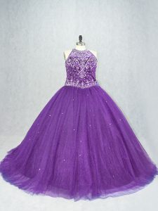 Tulle Sleeveless 15th Birthday Dress Brush Train and Beading