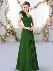 Dark Green Chiffon Lace Up Quinceanera Court of Honor Dress Sleeveless Floor Length Hand Made Flower