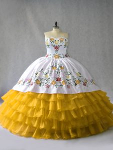 Traditional Sweetheart Sleeveless Sweet 16 Dress Floor Length Embroidery and Ruffled Layers Gold Organza