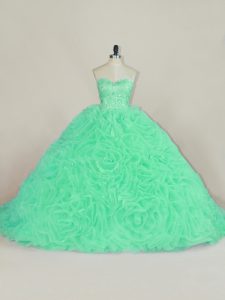 Perfect Green 15 Quinceanera Dress Fabric With Rolling Flowers Court Train Sleeveless Beading and Ruffles