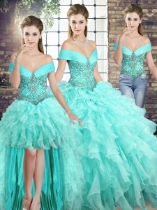 Lovely Off The Shoulder Sleeveless 15 Quinceanera Dress Brush Train Beading and Ruffles Aqua Blue Organza