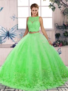 Comfortable Green Two Pieces Scalloped Sleeveless Tulle Sweep Train Backless Lace Quinceanera Gown