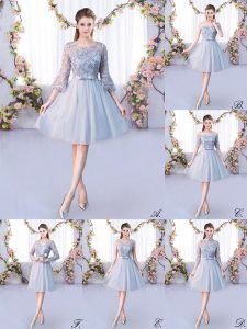 Grey Empire Scoop 3 4 Length Sleeve Tulle Knee Length Lace Up Lace and Belt Court Dresses for Sweet 16