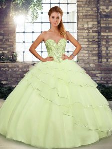 Yellow Sweetheart Lace Up Beading and Ruffled Layers 15 Quinceanera Dress Brush Train Sleeveless