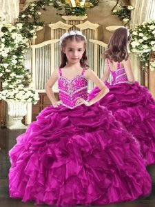 Fuchsia Straps Neckline Beading and Ruffles Little Girls Pageant Dress Wholesale Sleeveless Lace Up