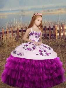 Perfect Fuchsia Pageant Dress for Womens Party and Wedding Party with Embroidery and Ruffled Layers and Bowknot Straps Sleeveless Lace Up