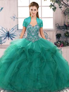 Luxury Floor Length Lace Up Quinceanera Gown Turquoise for Military Ball and Sweet 16 and Quinceanera with Beading and Ruffles
