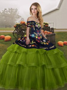 Trendy Olive Green Tulle Lace Up Off The Shoulder Sleeveless 15th Birthday Dress Brush Train Embroidery and Ruffled Layers