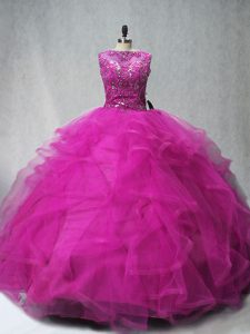 Attractive Scoop Sleeveless Tulle 15 Quinceanera Dress Beading and Ruffles Brush Train Lace Up