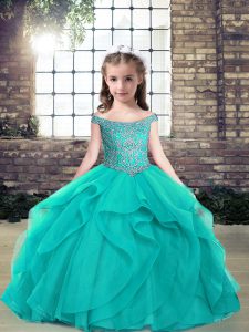 Inexpensive Teal Kids Pageant Dress Military Ball and Wedding Party with Beading Off The Shoulder Sleeveless Lace Up